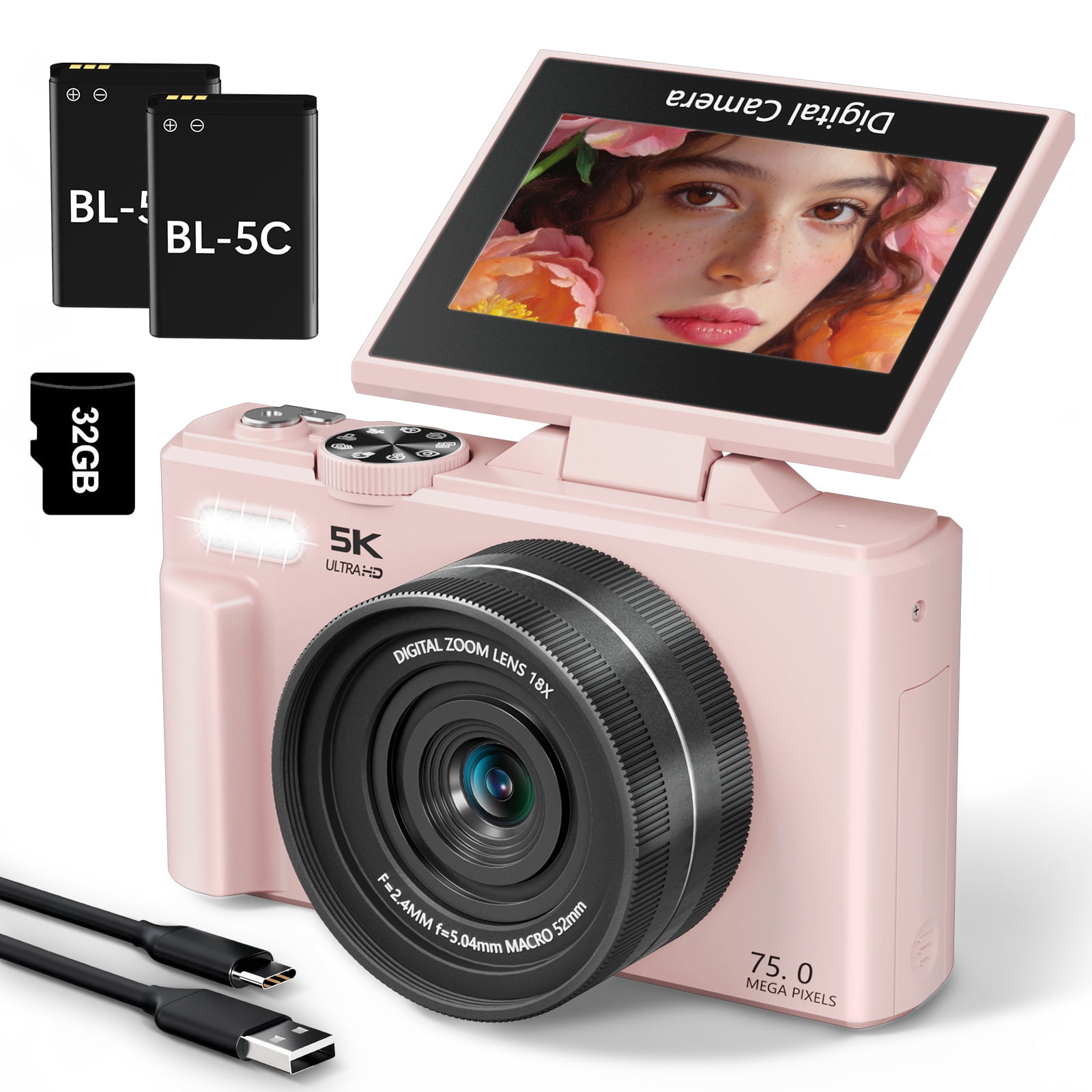 Saneen 5K 75MP Digital Camera Wifi Autofocus Vlogging Camera for YouTube 3" 180° Flip Screen Travel Video Cameras for Photography with 18X Zoom, 32GB Card