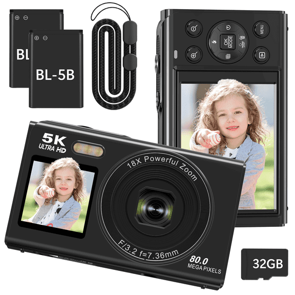 Saneen 5K Digital Camera 80MP Dual Screen Autofocus Vlogging Camera 18X Zoom 2.8'' Camera for Photography With 32GB Card for Teens Adults