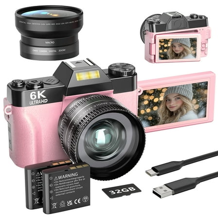 Saneen Digital Camera 6K 64MP Wifi Vlogging Cameras for YouTube 3''180° Flip Screen 16X Zoom 32GB SD Card 52mm Lens Pink