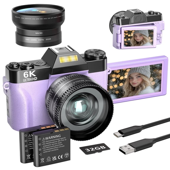 Saneen Digital Camera 6K 64MP Wifi Vlogging Cameras for YouTube 3''180 Flip Screen 16X Zoom 32GB SD Card 52mm Lens Purple