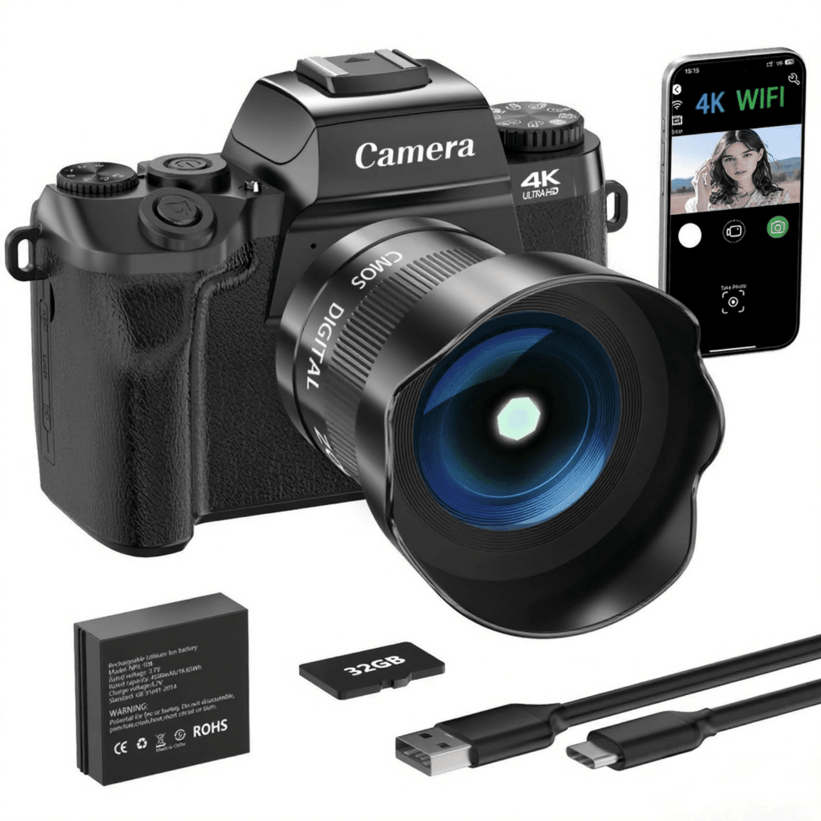 Saneen Digital Camera for Photography 4k 64MP WiFi 4.0'' Touch