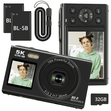 Saneen Digital Camera 5K 80MP Dual Screen Camera for Youtube 2.8'' Vlogging Cameras 18X Zoom 32GB Card Mini Cameras for Teens Black