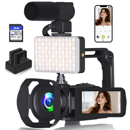 Saneen 8K Video Camera Camcorder 48MP Vlogging Camera for Youtube 3" Touch Screen IR Night Vision 18X Zoom, Microphone, Handhold Stabilizer, 32GB Card