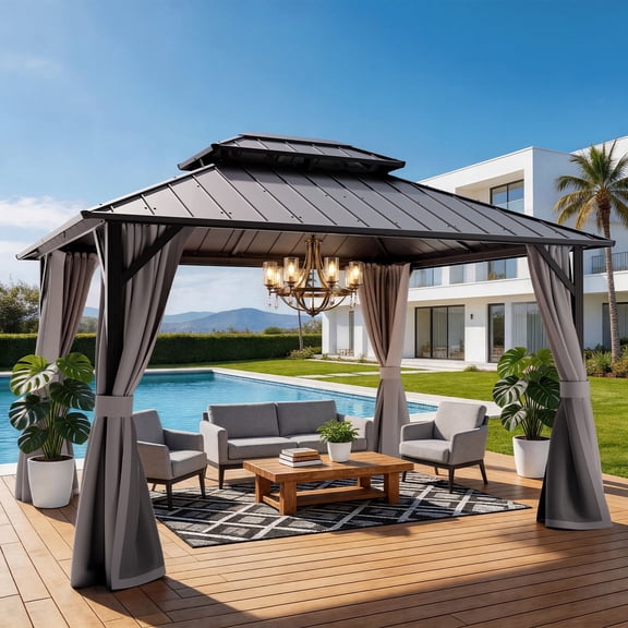Sanerto 10' x 12' Hardtop Gazebo, Steel Shingle Double-Layer Roof, Iron Frame, with Curtains and Screen, Canopy Shelter Suitable for Patios, Gardens and Backyards