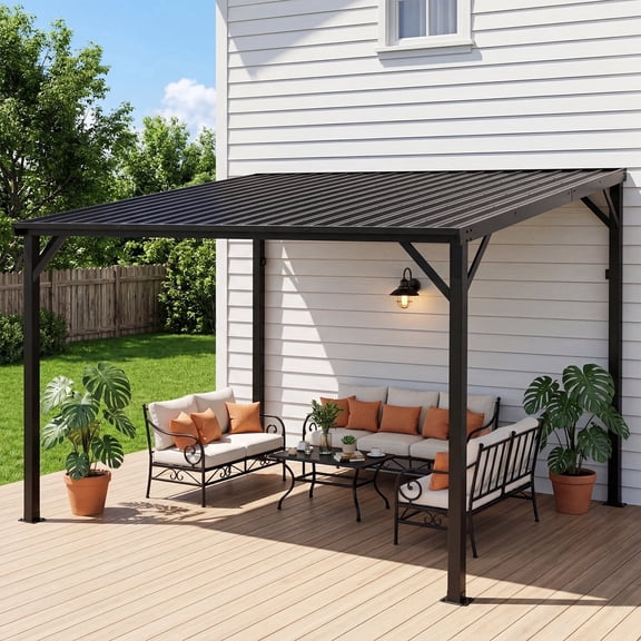 Sanerto 10'x12' Wall Mount Lean-to Hardtop Gazebo, Reinforced Metal Frame, UV Roof, Drainage Channel, Wind Snow Resistant Outdoor Shelter
