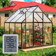 Sanerto 6x6ft Outdoor Walk-in Greenhouse with Thermometer Hygrometer, Heavy-Duty Polycarbonate Green House with Reinforced Aluminum Frame for Garden, Backyard, 