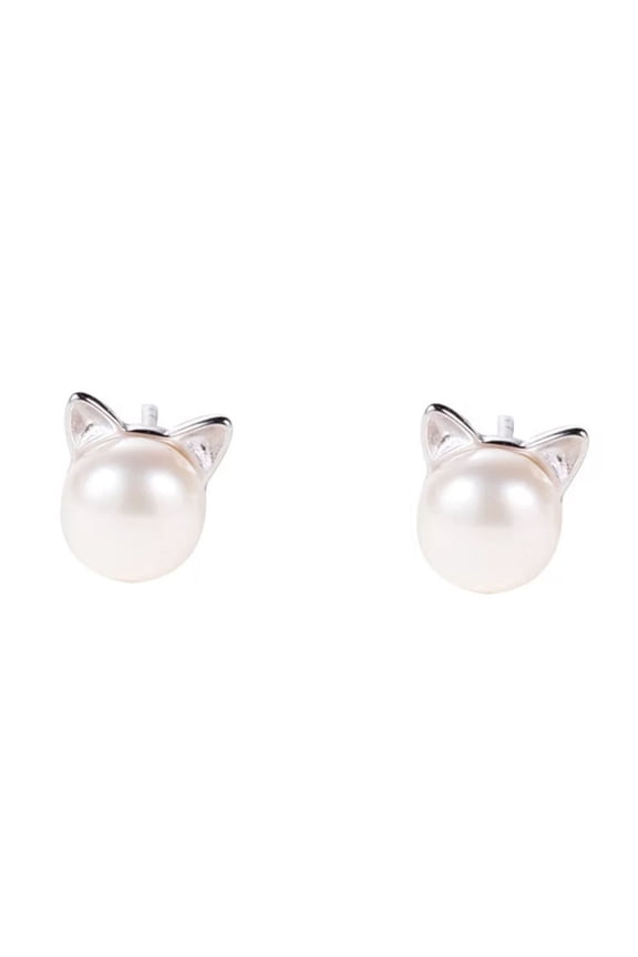 925 Sterling Silver Stud Earrings Cute Cat Pearl Silver Needle Stud Earrings