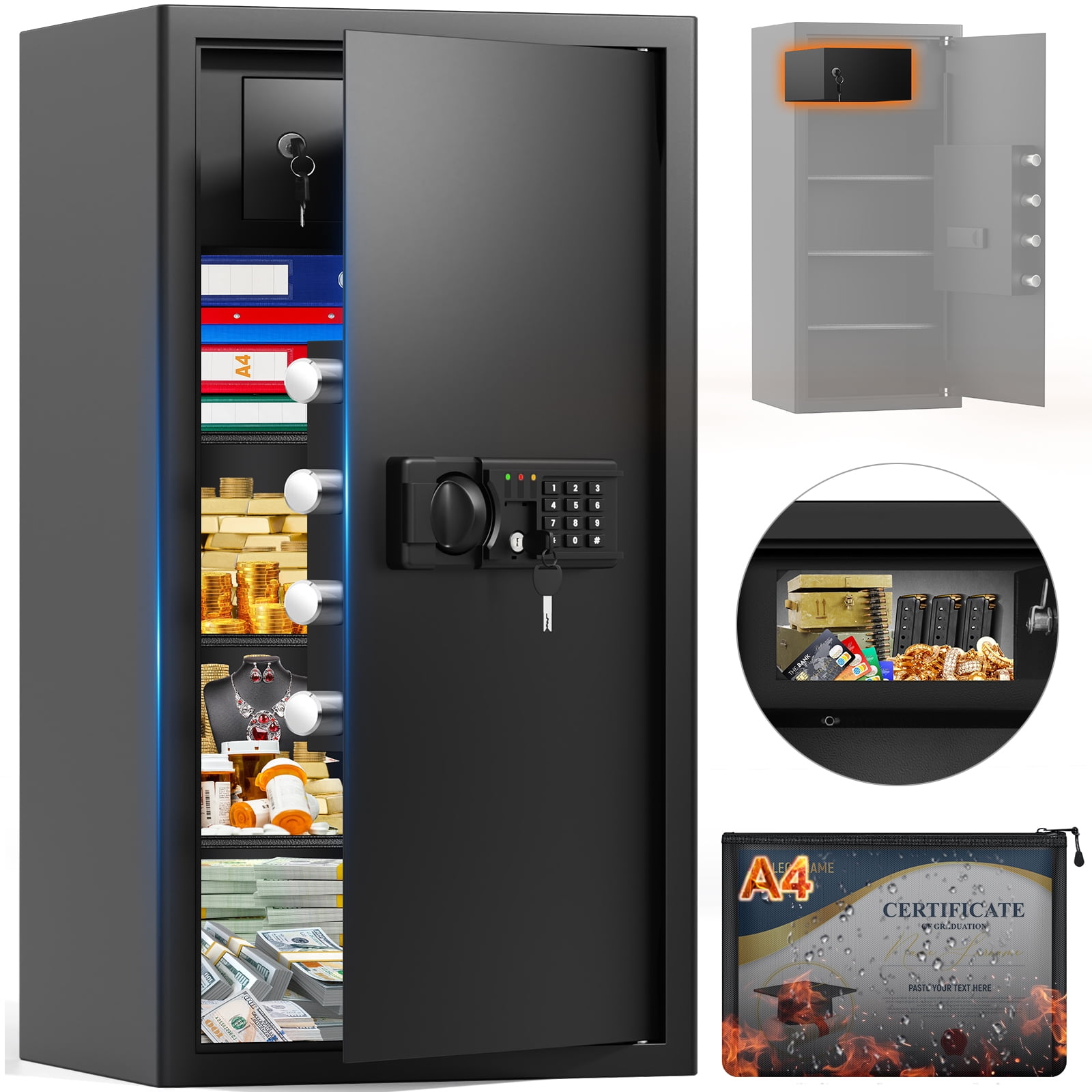 Sanfnz 8.0 Cuft Large Safe Box, Home Safe with Digital Keypad & 2 Spare Keys, 3 Removalve Shelf and Sensor Light, Anti-Theft Safes for Valuables
