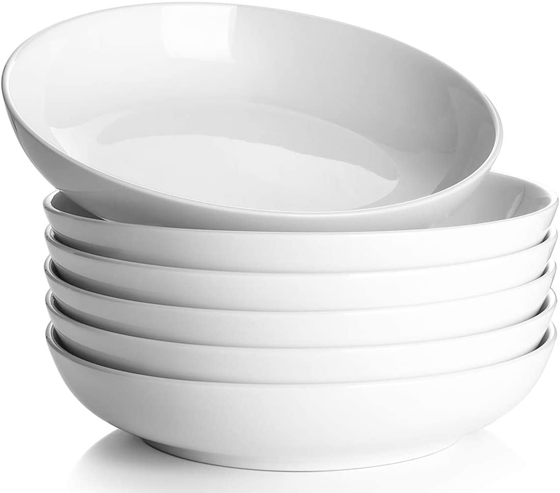 Sangdo 22oz Porcelain Salad Pasta Bowls Set of 6 Large Serving Bowl, Microwave and Dishwasher Safe, White