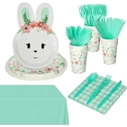 Sangdo Easter Paper Plates and Napkins Sets, 117pcs Easter Party Supplies for 16, Disposable Tableware Set Includes Paper Plate Napkins Cups Knives Forks Spoons Tablecloth