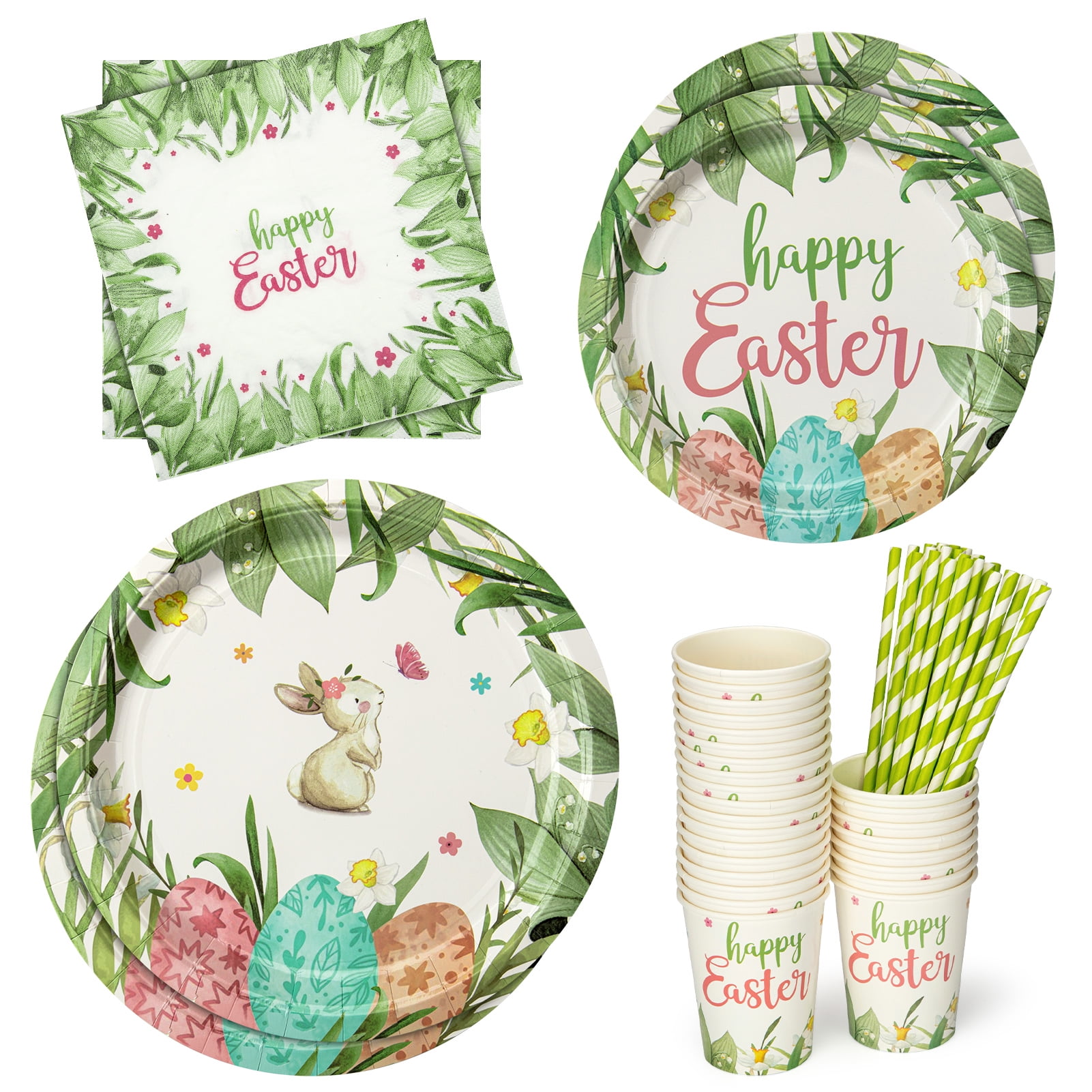 Sangdo Easter Paper Plates and Napkins Sets, 140pcs Easter Party Supplies, Disposable Tableware Set Includes Paper Plate Napkins Cups Straws