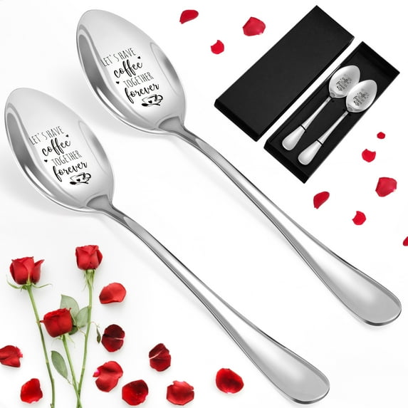 Sangdo Valentines Gifts Engraved Coffee Spoon 2pcs Anniversary Wedding Engagement Gifts for Couple Him Her, His and Hers Gifts, Let's Have Coffee Together Forever