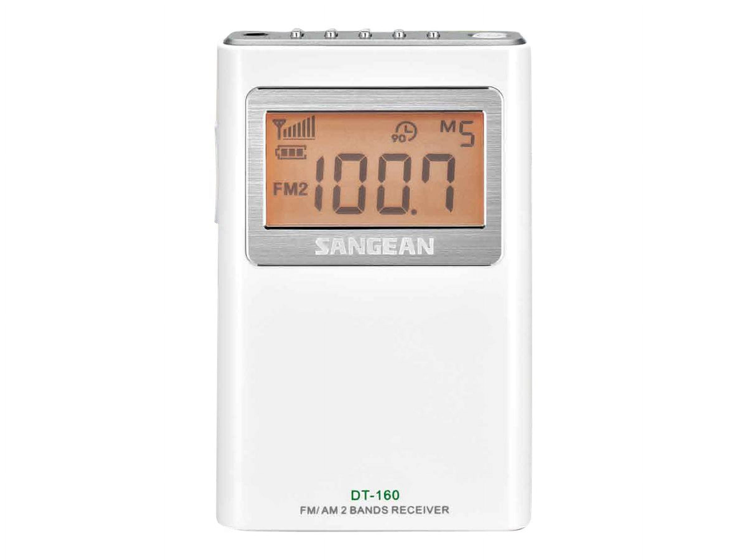 Sangean DT-160 AM/FM Stereo Pocket Radio with 100 Operating Hours on 2 AA Batteries, White