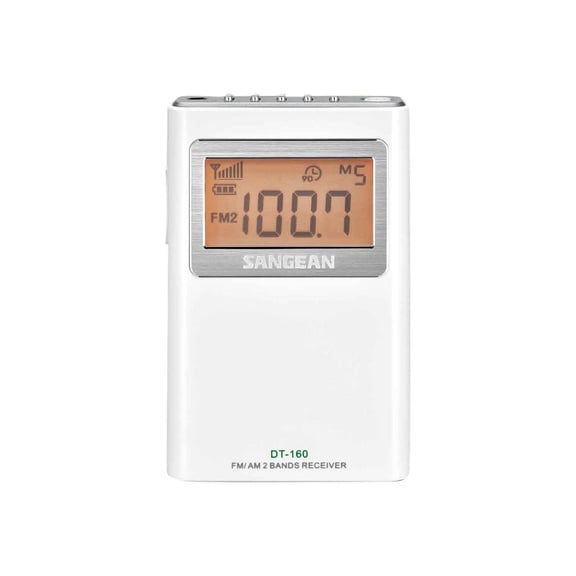 Sangean DT-160 AM/FM Stereo Pocket Radio with 100 Operating Hours on 2 AA Batteries, White