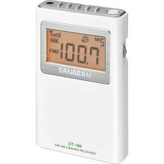 Sangean DT-160 AM/FM Stereo Pocket Radio with 100 Operating Hours on 2 AA Batteries, White