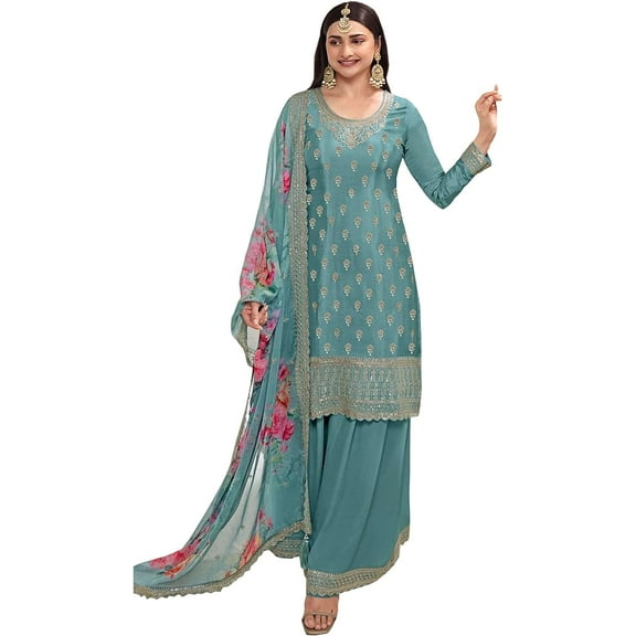 Sangeet Function Wear Indian Designer Salwar Kameez Suits Pakistani Plazo Dress ( Sky Blue, XXS - 34 )