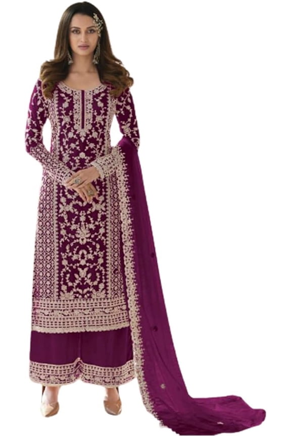Sangeet Function Wear Indian Pakistani Plazzo Dress Designer Salwar Kameez Suits ( Purple, 3XL - 48 )