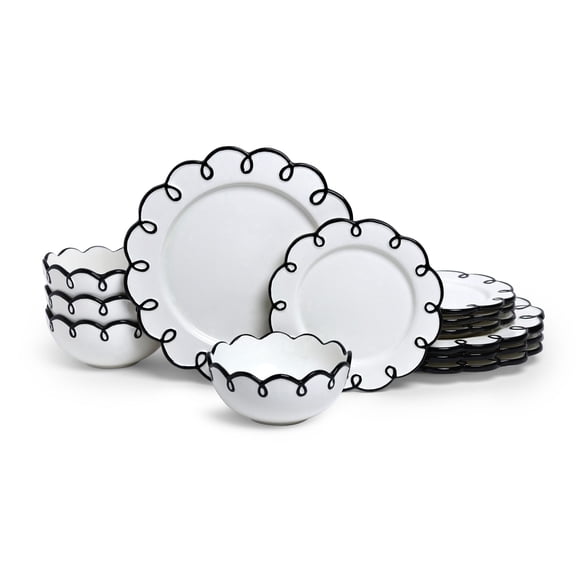 Sango Splash of Cheers 12-Piece Porcelain Dinnerware Set for 4- White with Black Scalloped Rims