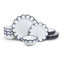 Sango Splash of Cheers 12-Piece Earthenware Dinnerware Set for 4-White with Navy Blue Scalloped Rims