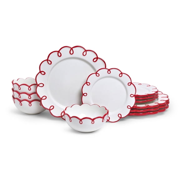 Sango Splash of Cheers 12-Piece Earthenware Dinnerware Set for 4- White with Red Scalloped Rims