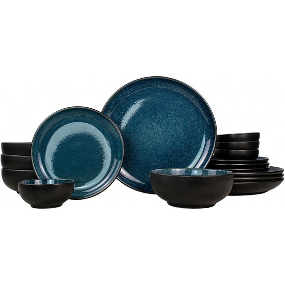 Sango 16-Piece Stoneware Dinnerware Set for 4, Glossy Black/Blue Big Dinner Plates and Bowls Sets with Reactive Glaze, Ceramic Dish Set, Modern Beautiful Dishes, Microwave & Dishwasher Safe, Resona