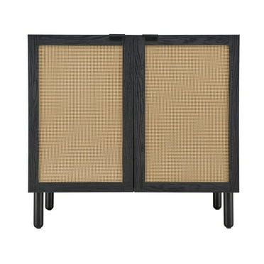 Sango Orre 2-Door Accent Storage Cabinet with Rattan Panels and Wood Legs