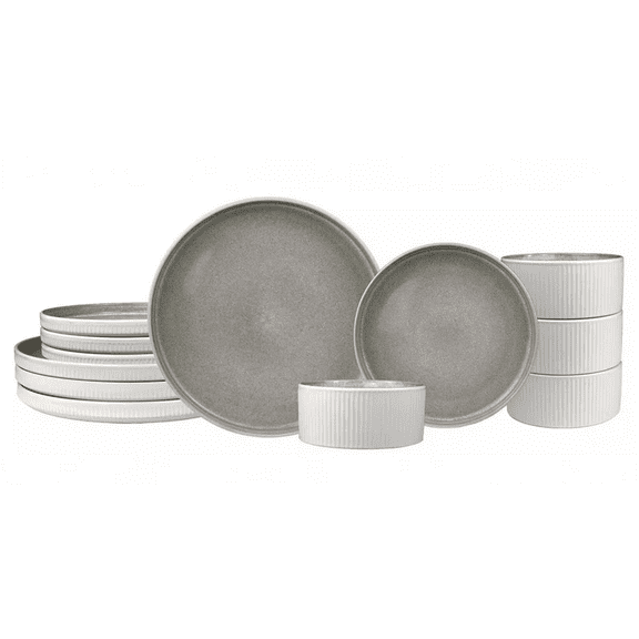Sango Anderson Reactive Cream Stoneware 12-Piece Set with Plates and Bowls Service for 4
