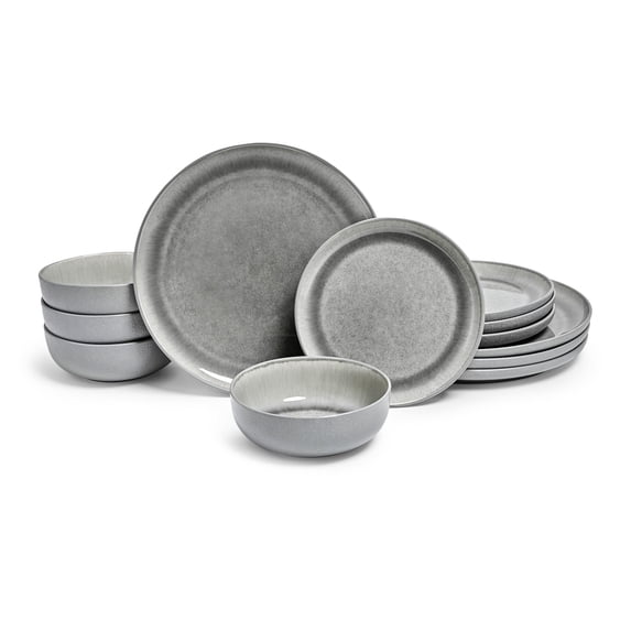 Sango Asher 12-Piece Gray Stoneware Dinnerware Set with Reactive Glaze