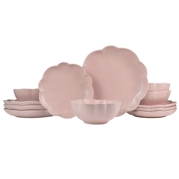 Sango Bethany 12-Piece Pink Stoneware Dinnerware Set with Scallop Design