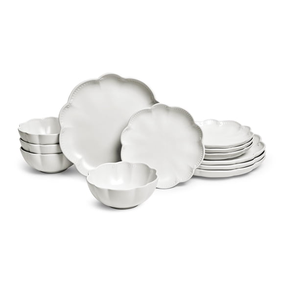 Sango Bethany 12-Piece White Stoneware Dinnerware Set with Scalloped Design