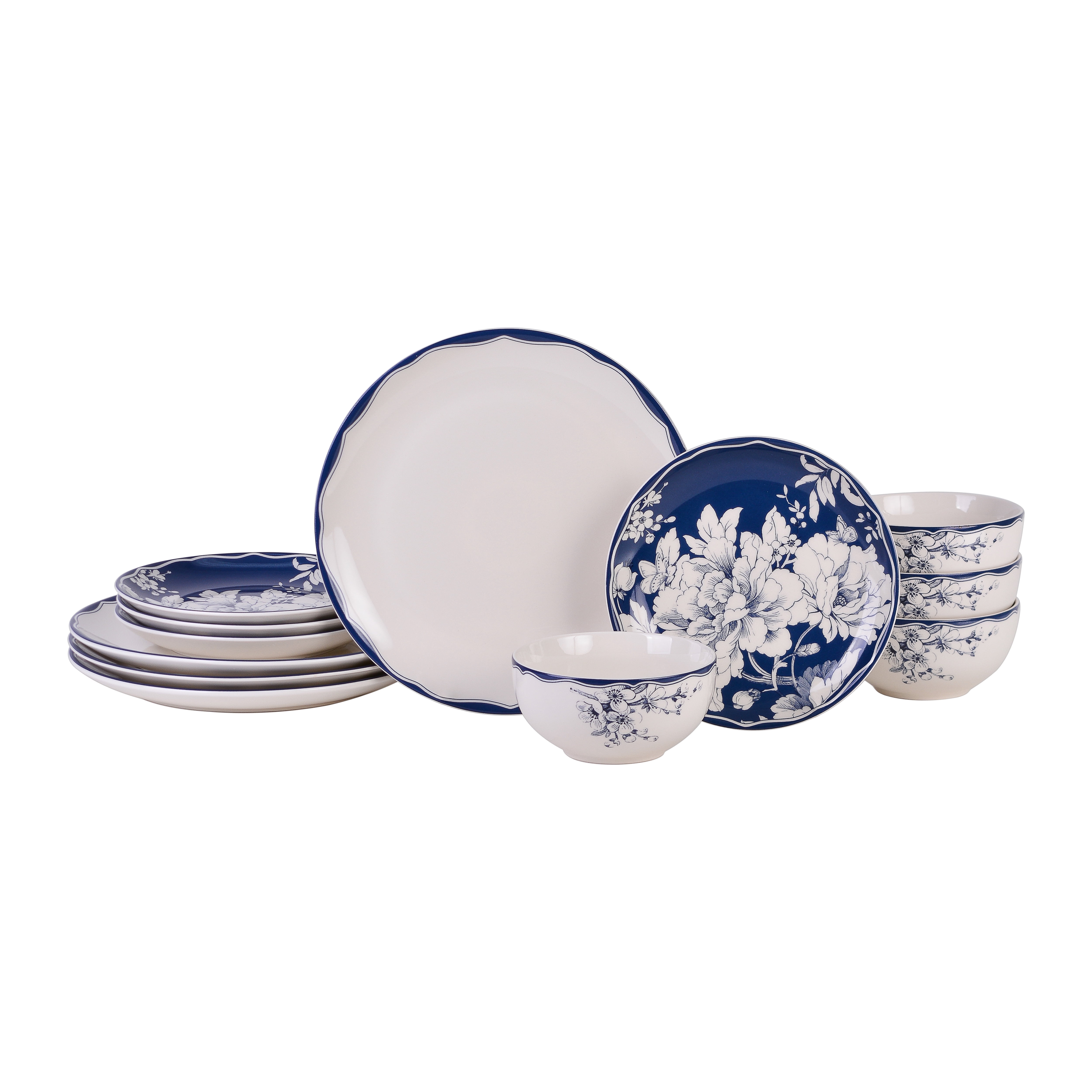 Blue and White Floral Porcelain Dinnerware Set, Service for 4
