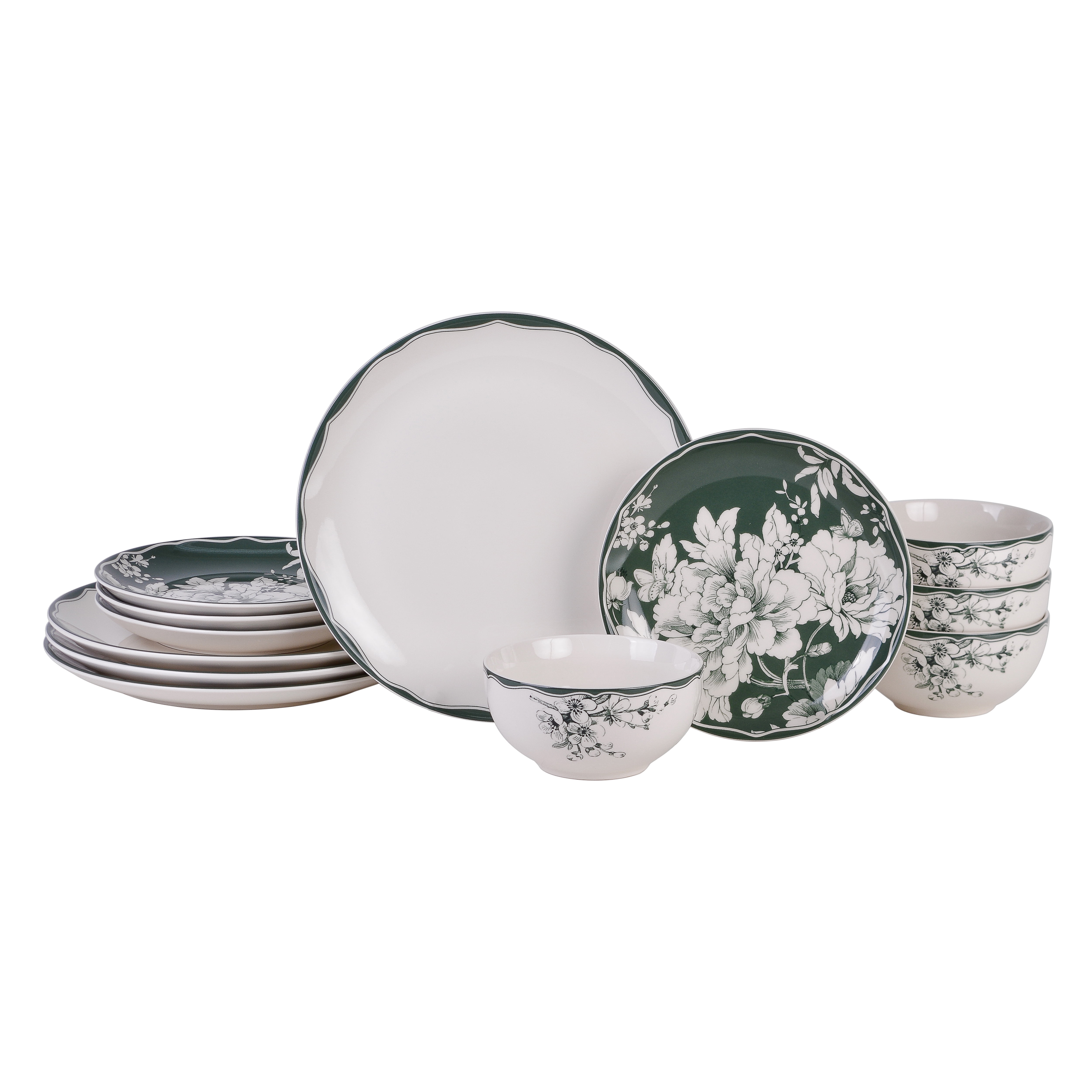 Sage and White Porcelain 12-Piece Dinnerware Set for 4