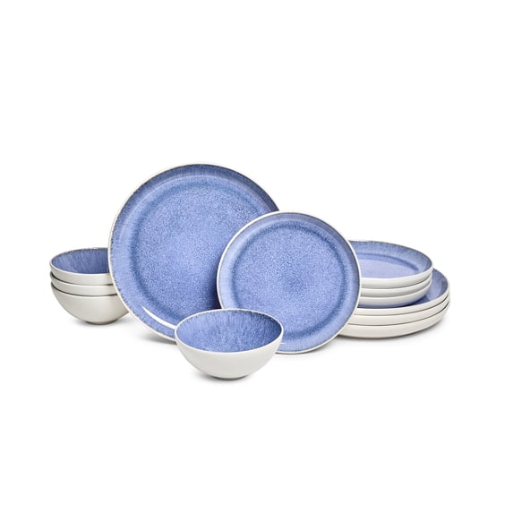 Sango Cove 12-Piece Blue Round Dinnerware Set, Stoneware, Service for 4