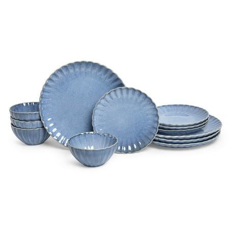 Sango Frill Reactive Stoneware Dinnerware Set, 12-Piece, Blue