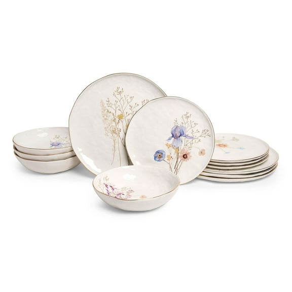 Sango Gansevoort Wildflower 12-Piece Luxury Stoneware Dinnerware Set for 4, White/Gold