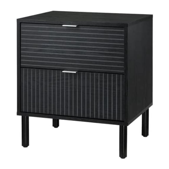 Sango Merk Black 2-Drawer Nightstand, Grooved Front and Cylindrical Legs