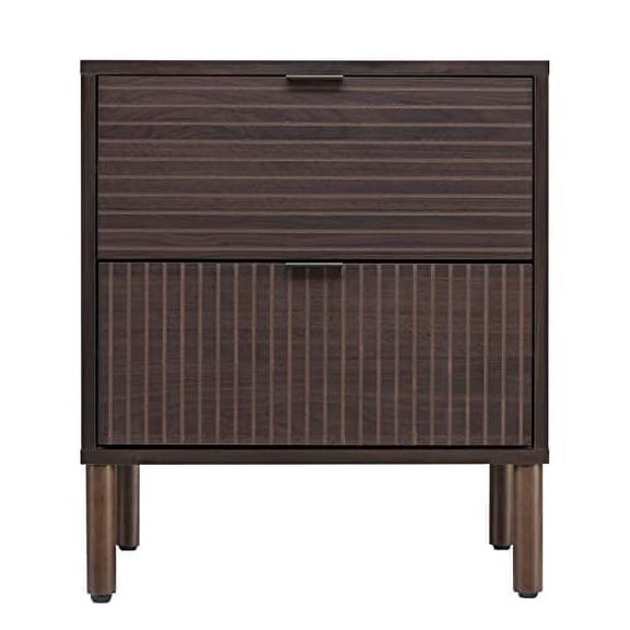 Sango Merk Walnut 2-Drawer Nightstand, Grooved Front and Cylindrical Legs