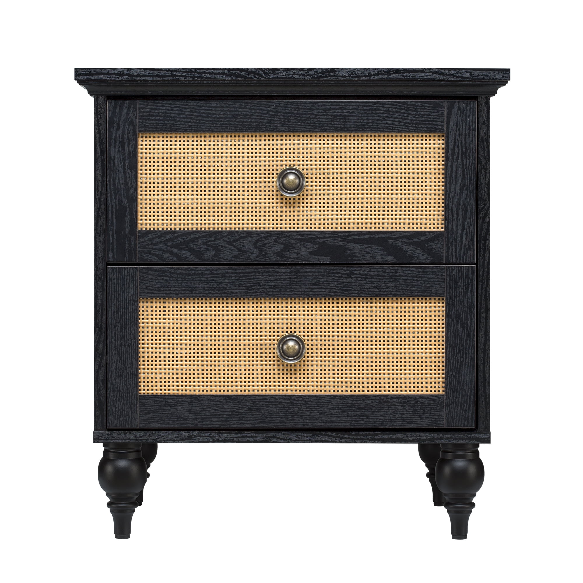 Transitional Black and Rattan 2-Drawer Nightstand with Lathe-Turned Feet
