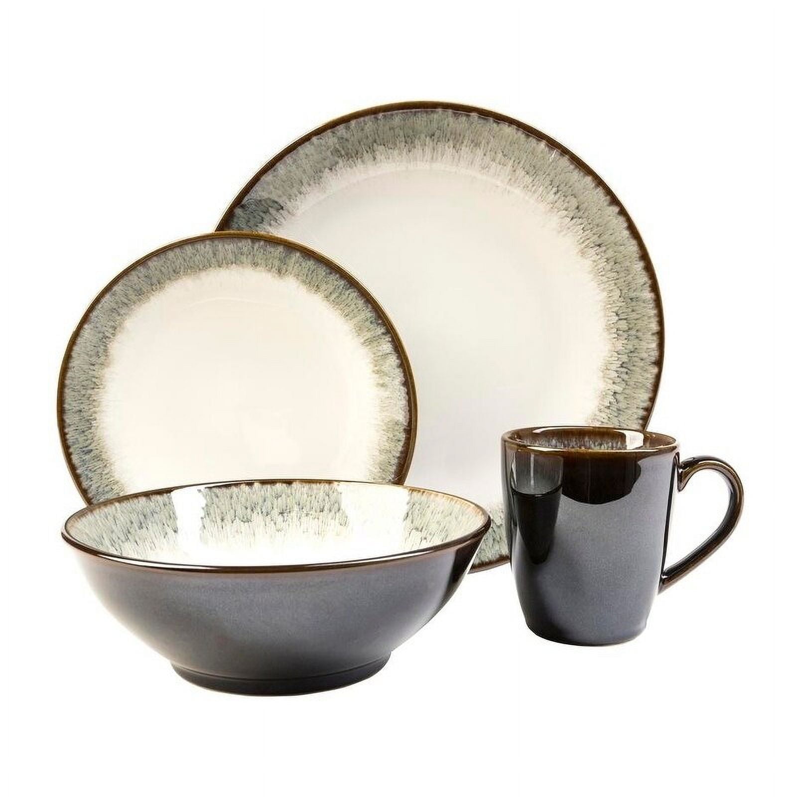 16-Piece White and Green Porcelain Dinnerware Set for 4