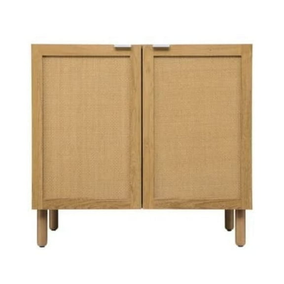 Sango Orre 2 - Door Solid Wood Cabinet with Rattan, Adjustable Shelf, Brown