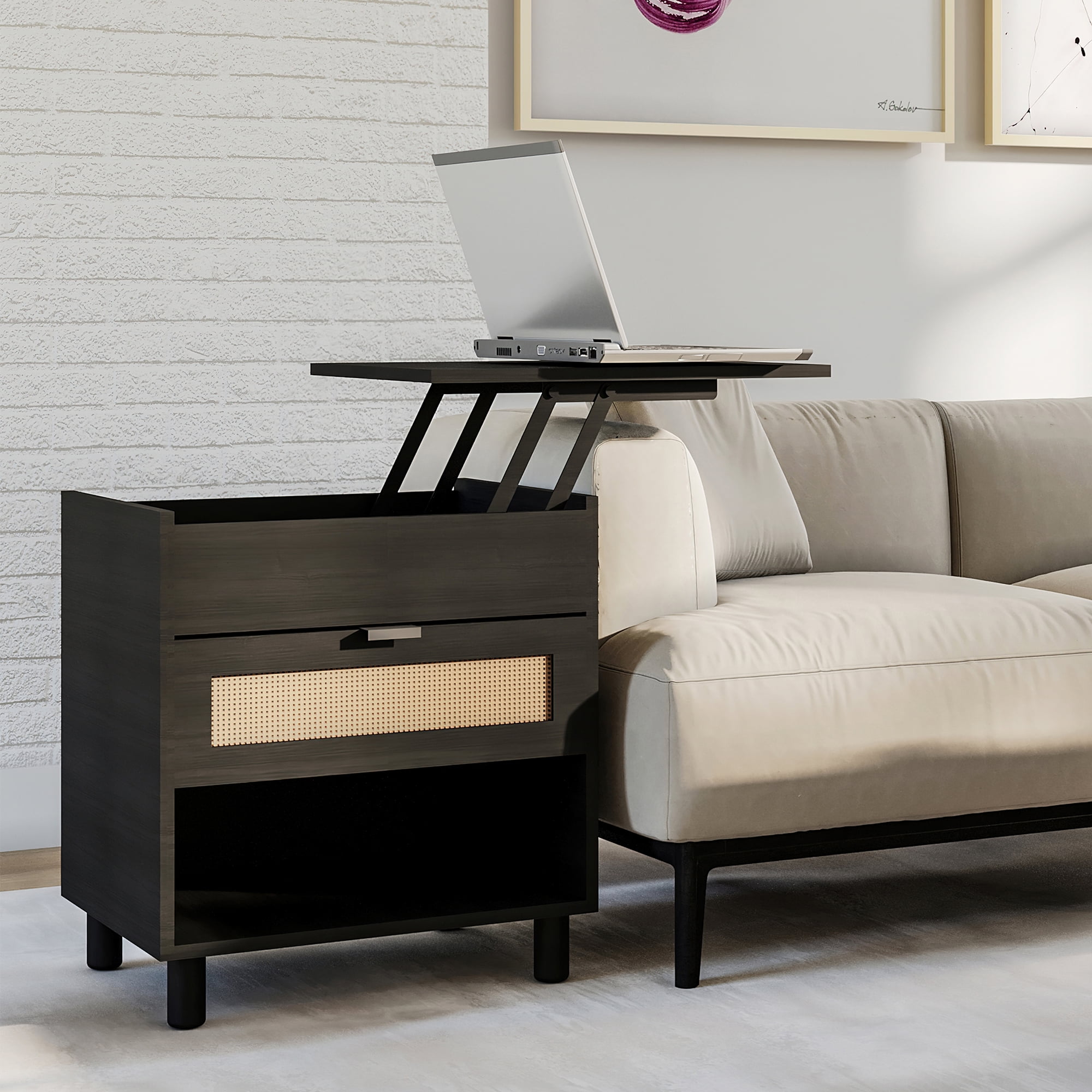 Sango Orre Rattan Lift Top Side Table with Storage, Black