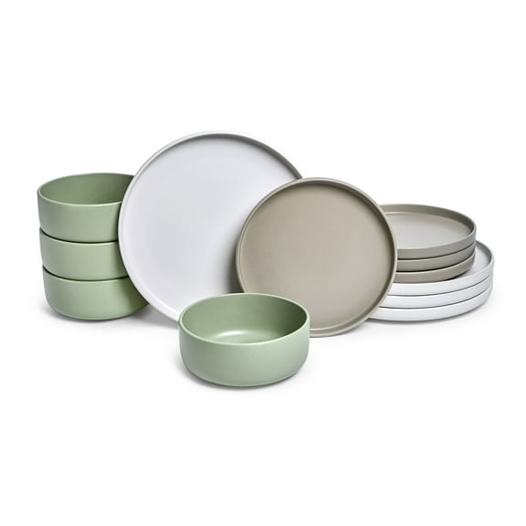 Sango Rollo Alta 12-Piece Stoneware Dinnerware Set, Sage/Sand/White- Microwave and Dishwasher Safe