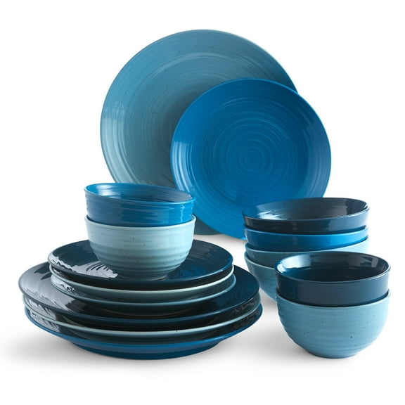 Sango Siterra 16-Piece Ocean Blue Dinnerware Set, Dinner & Salad Plates, Soup Bowls, Service for 4