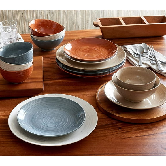 Sango Siterra Painter's Palette 16-Piece Stoneware Dinnerware Set - Rustic Mix, Ceramic Plates and Bowls Sets, Chip Resistant, Microwave & Dishwasher Safe Kitchen Dishes