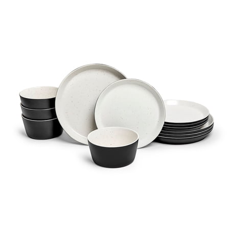 Sango Stockholm 12-Piece Black/White Round Dinnerware Set, Stoneware