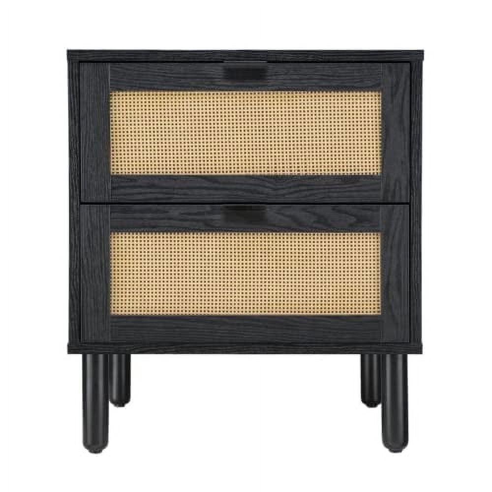 Black and Light Brown Rattan 2-Drawer Nightstand