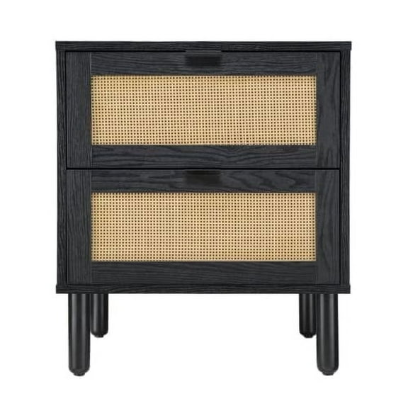 Sango Orre 2-Drawer Mid-Century Nightstand with Rattan Detail, Black/Brown