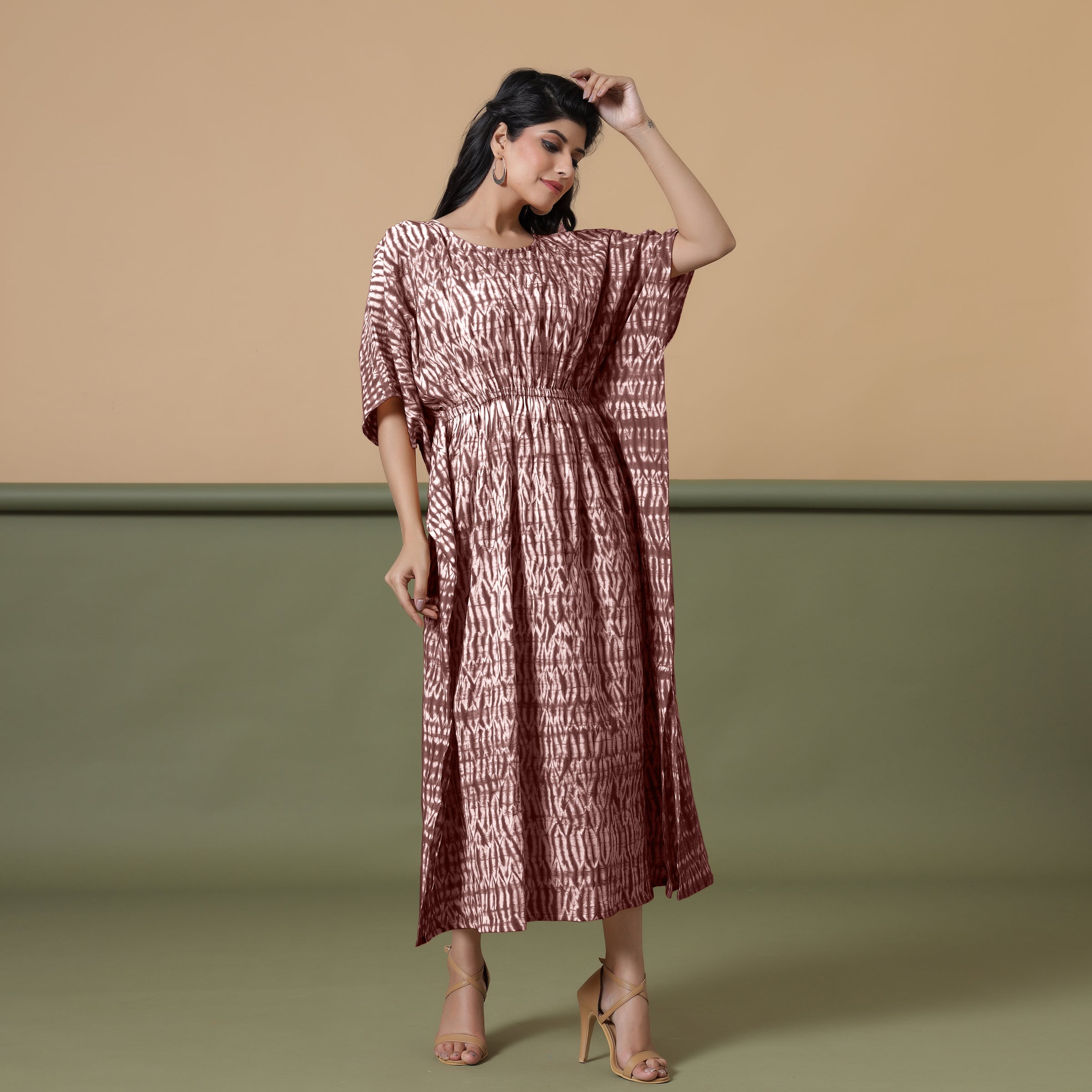 Red - Shibori Tie-Dye Chanderi Silk Kaftan with Tie-Up Waist (Medium)