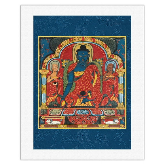 Sangye Menla - The Compassionate Medicine Buddha - Vintage Tibetan Thangka Buddhist Painting - Fine Art Rolled Canvas Print 20in x 26in