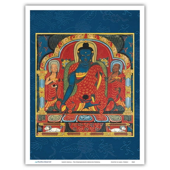 Sangye Menla - The Compassionate Medicine Buddha - Vintage Tibetan Thangka Buddhist Painting - Master Art Print (Unframed) 9in x 12in